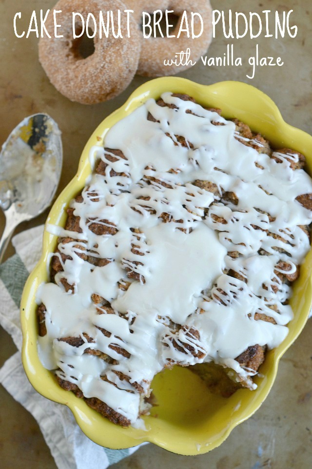 Cake Donut Bread Pudding with Vanilla Glaze